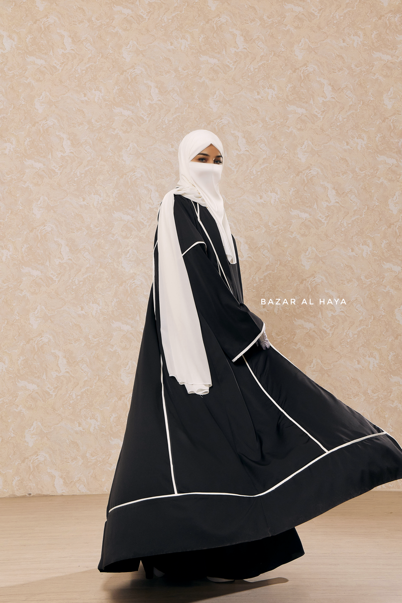 Black Fazeela Open Front Abaya In Classic Design - Premium Silk Crepe