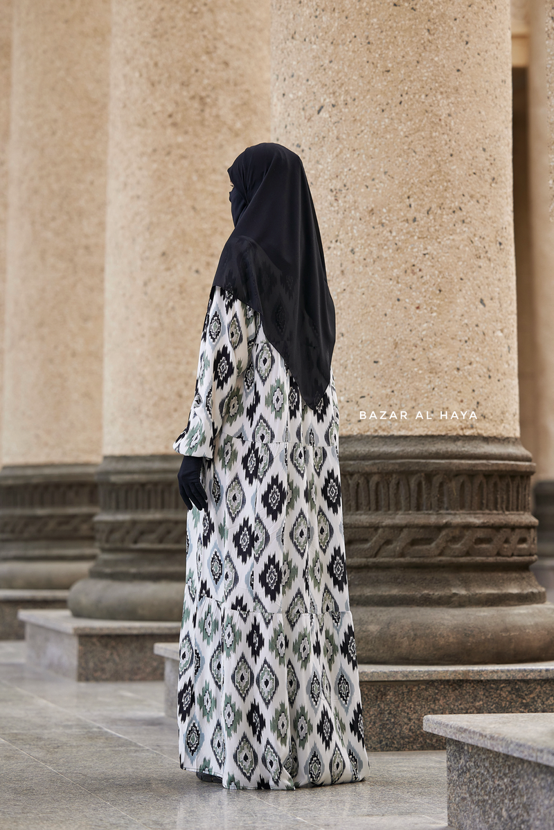 Sadia White/Green Print Dress - 100% Cotton Summer Tiered Abaya, Front Zipper