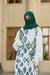 Reema Green & White Print Dress In Classic Style - Side Pockets