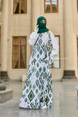 Reema Green & White Print Dress In Classic Style - Side Pockets