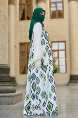 Reema Green & White Print Dress In Classic Style - Side Pockets