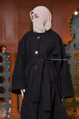 Black Damla Loose Warm Coat - Premium Teddy Wool