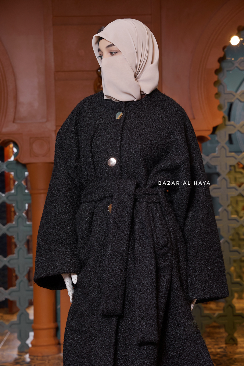 Black Damla Loose Warm Coat - Premium Teddy Wool