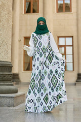 Reema Green & White Print Dress In Classic Style - Side Pockets