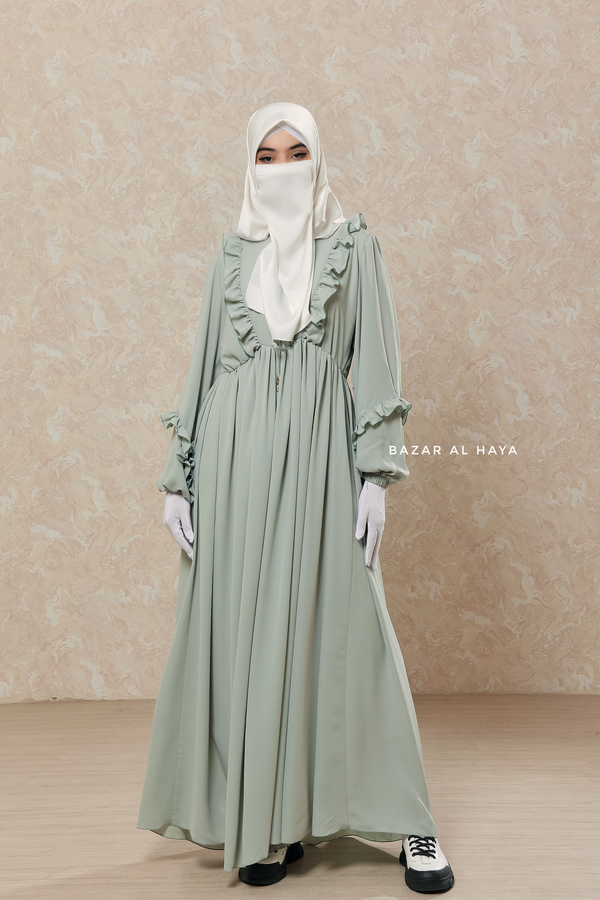 Mint Afsah Ruffle Lightweight Abaya Dress - Breathable Crepe Cotton