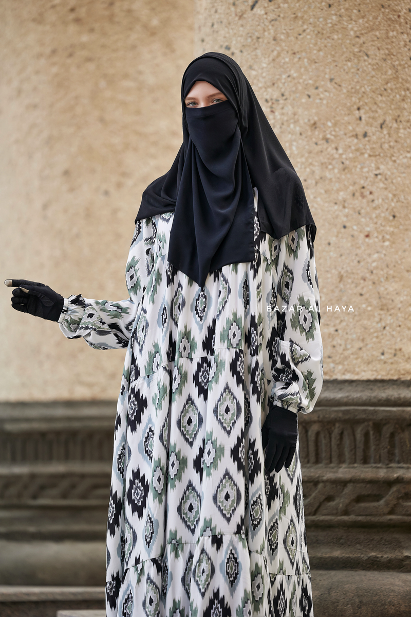 Sadia White/Green Print Dress - 100% Cotton Summer Tiered Abaya, Front Zipper