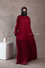 Badra Burgundy Butterfly Abaya With Chiffon Flair & Zipper Sleeves - Silk Crepe