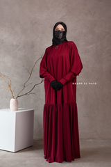 Badra Burgundy Butterfly Abaya With Chiffon Flair & Zipper Sleeves - Silk Crepe