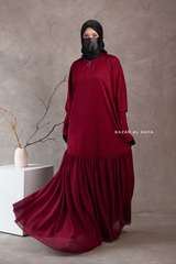 Badra Burgundy Butterfly Abaya With Chiffon Flair & Zipper Sleeves - Silk Crepe