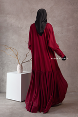 Badra Burgundy Butterfly Abaya With Chiffon Flair & Zipper Sleeves - Silk Crepe