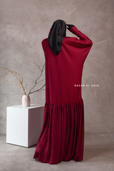 Badra Burgundy Butterfly Abaya With Chiffon Flair & Zipper Sleeves - Silk Crepe
