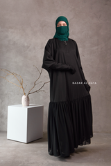 Badra Black Butterfly Abaya With Flair Bottom & Zipper Sleeves - Silk Crepe