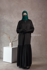Badra Black Butterfly Abaya With Flair Bottom & Zipper Sleeves - Silk Crepe