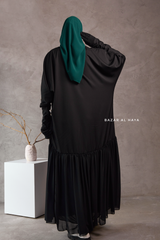 Badra Black Butterfly Abaya With Flair Bottom & Zipper Sleeves - Silk Crepe