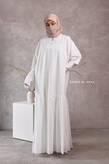 Badra White Butterfly Abaya With Chiffon Flair & Zipper Sleeves - Silk Crepe