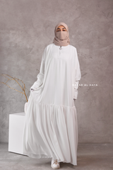 Badra White Butterfly Abaya With Chiffon Flair & Zipper Sleeves - Silk Crepe
