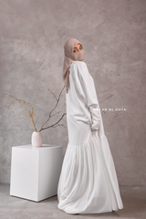 Badra White Butterfly Abaya With Chiffon Flair & Zipper Sleeves - Silk Crepe