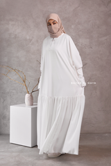 Badra White Butterfly Abaya With Chiffon Flair & Zipper Sleeves - Silk Crepe