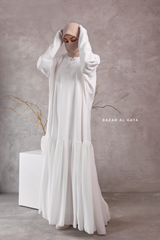 Badra White Butterfly Abaya With Chiffon Flair & Zipper Sleeves - Silk Crepe