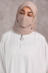 Badra White Butterfly Abaya With Chiffon Flair & Zipper Sleeves - Silk Crepe