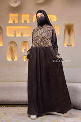 Dark Chocolate Dalia Loose Abaya With Pattered Front Dress - Premium Cupro