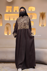Dark Chocolate Dalia Loose Abaya With Pattered Front Dress - Premium Cupro