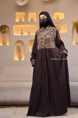 Dark Chocolate Dalia Loose Abaya With Pattered Front Dress - Premium Cupro