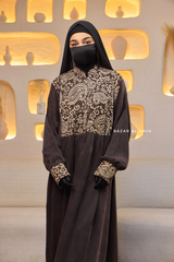 Dark Chocolate Dalia Loose Abaya With Pattered Front Dress - Premium Cupro
