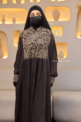 Dark Chocolate Dalia Loose Abaya With Pattered Front Dress - Premium Cupro