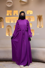 Bright Purple Afsah 3-D Ruffle Embroidery Lightweight Summer Spring Abaya Dress - Soft Breathable Crepe Cotton