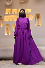 Bright Purple Afsah 3-D Ruffle Embroidery Lightweight Summer Spring Abaya Dress - Soft Breathable Crepe Cotton