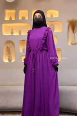 Bright Purple Afsah 3-D Ruffle Embroidery Lightweight Summer Spring Abaya Dress - Soft Breathable Crepe Cotton