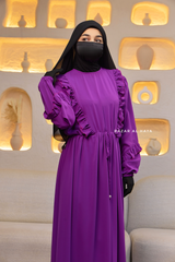 Bright Purple Afsah 3-D Ruffle Embroidery Lightweight Summer Spring Abaya Dress - Soft Breathable Crepe Cotton