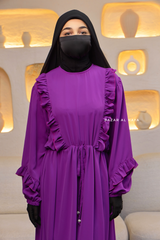 Bright Purple Afsah 3-D Ruffle Embroidery Lightweight Summer Spring Abaya Dress - Soft Breathable Crepe Cotton
