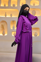 Bright Purple Afsah 3-D Ruffle Embroidery Lightweight Summer Spring Abaya Dress - Soft Breathable Crepe Cotton