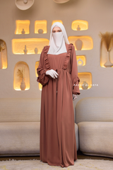 Afsah Capuccino Ruffle Embroidery Lightweight Summer Spring Abaya Dress - Soft Breathable Crepe Cotton