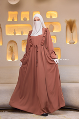 Afsah Capuccino Ruffle Embroidery Lightweight Summer Spring Abaya Dress - Soft Breathable Crepe Cotton