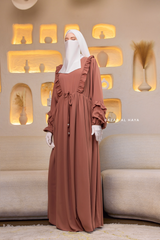 Afsah Capuccino Ruffle Embroidery Lightweight Summer Spring Abaya Dress - Soft Breathable Crepe Cotton