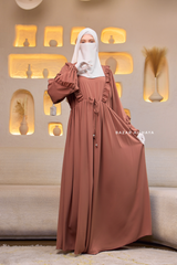 Afsah Capuccino Ruffle Embroidery Lightweight Summer Spring Abaya Dress - Soft Breathable Crepe Cotton