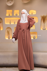 Afsah Capuccino Ruffle Embroidery Lightweight Summer Spring Abaya Dress - Soft Breathable Crepe Cotton