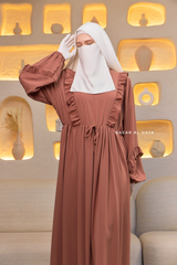 Afsah Capuccino Ruffle Embroidery Lightweight Summer Spring Abaya Dress - Soft Breathable Crepe Cotton