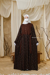 Sumayya Chocolate Floral Dress In 100% Cotton Summer Spring Abaya - Front Snap Buttons