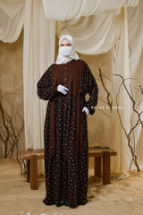 Sumayya Chocolate Floral Dress In 100% Cotton Summer Spring Abaya - Front Snap Buttons