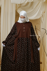 Sumayya Chocolate Floral Dress In 100% Cotton Summer Spring Abaya - Front Snap Buttons