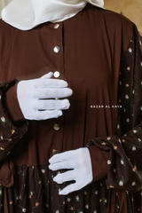 Sumayya Chocolate Floral Dress In 100% Cotton Summer Spring Abaya - Front Snap Buttons