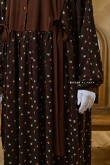 Sumayya Chocolate Floral Dress In 100% Cotton Summer Spring Abaya - Front Snap Buttons