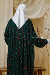 Sumayya Emerald Floral Dress In 100% Cotton Summer Spring Abaya - Front Snap Buttons