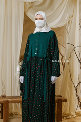 Sumayya Emerald Floral Dress In 100% Cotton Summer Spring Abaya - Front Snap Buttons