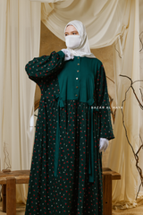 Sumayya Emerald Floral Dress In 100% Cotton Summer Spring Abaya - Front Snap Buttons