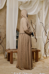 Hafiza Caramel Cotton Silk - Ikat Print Abaya Dress With Scarf - Beaded Accents